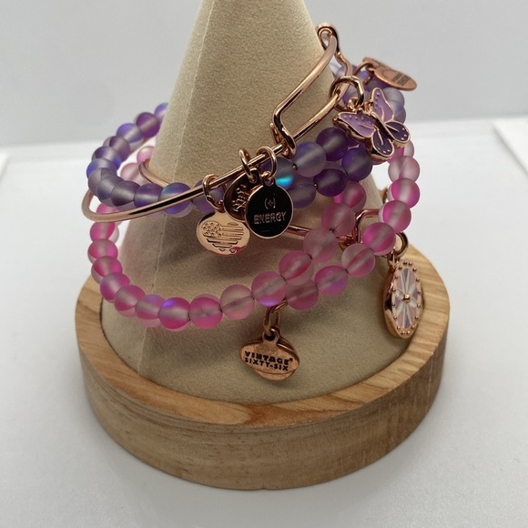 Alex and Ani Pink & Purple Bracelet Set of 4 in Shiny Rose Gold/Like New - Picture 2 of 9